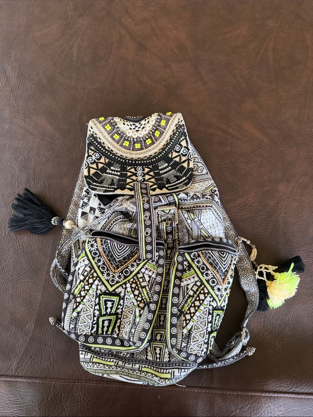 Camilla Boho Embroidered Black & Cream Backpack with Neon Accents